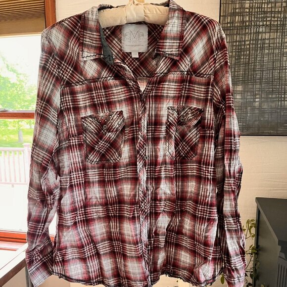 Maurices Plaid Thin Summer Button Down Top with Back Detail - Picture 3 of 10